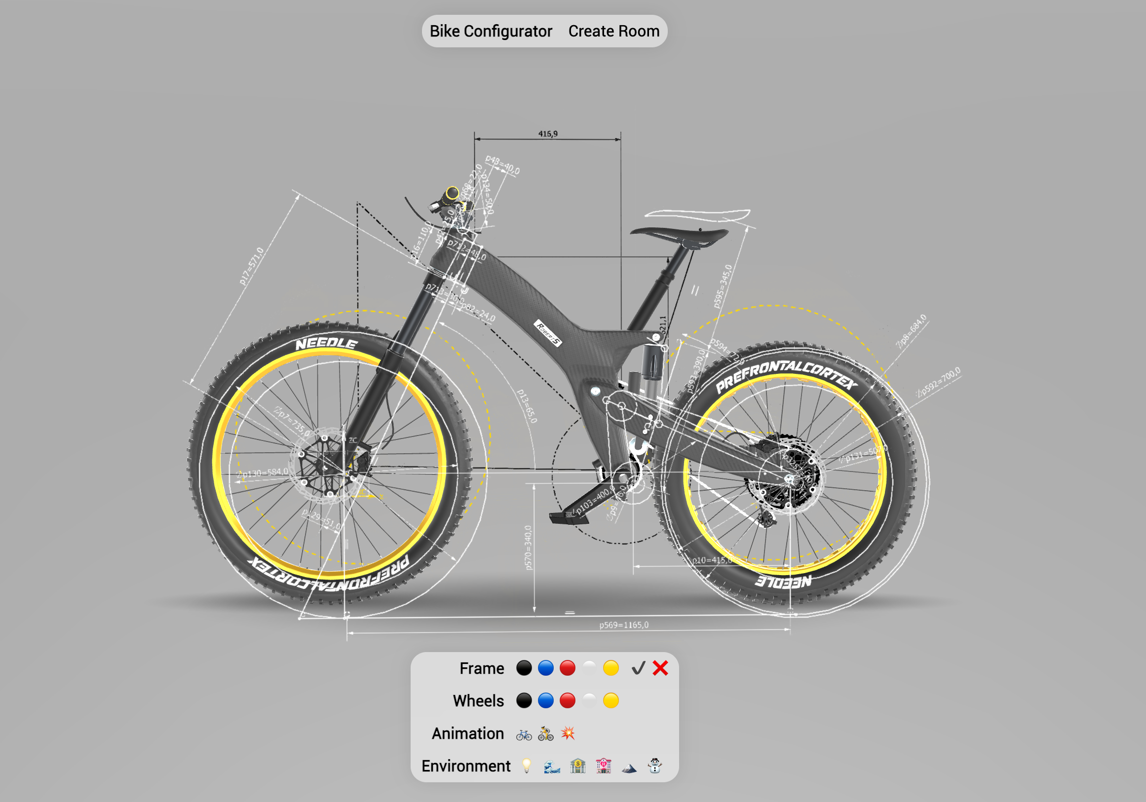 Interactive 3D bike configurator with color and component customization for e-commerce product pages